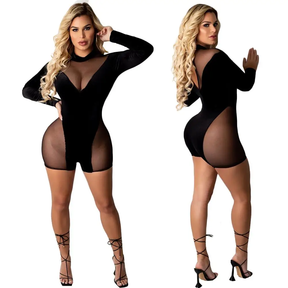 

Coolhappy 2021 Newest Ladies Gauze Lace Splice Fashion Casual Sexy 2020 Women Black Sexy Erotic Jumpsuits
