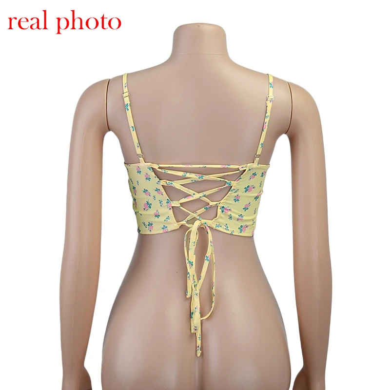 

Cryptographic Yellow Floral Print Sleeveless Crop Tops Sexy Backless Lace Up 2021 Summer Straps Cropped Top Feminino