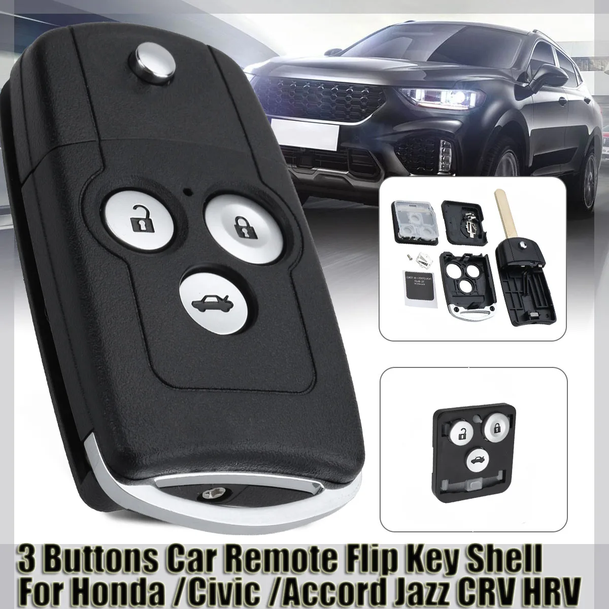 

3 Button Car Remote Flip Key Fob Case Shell Chip Folding Key Control With Conductive Sheet For Honda /Civic /Accord Jazz CRV HRV