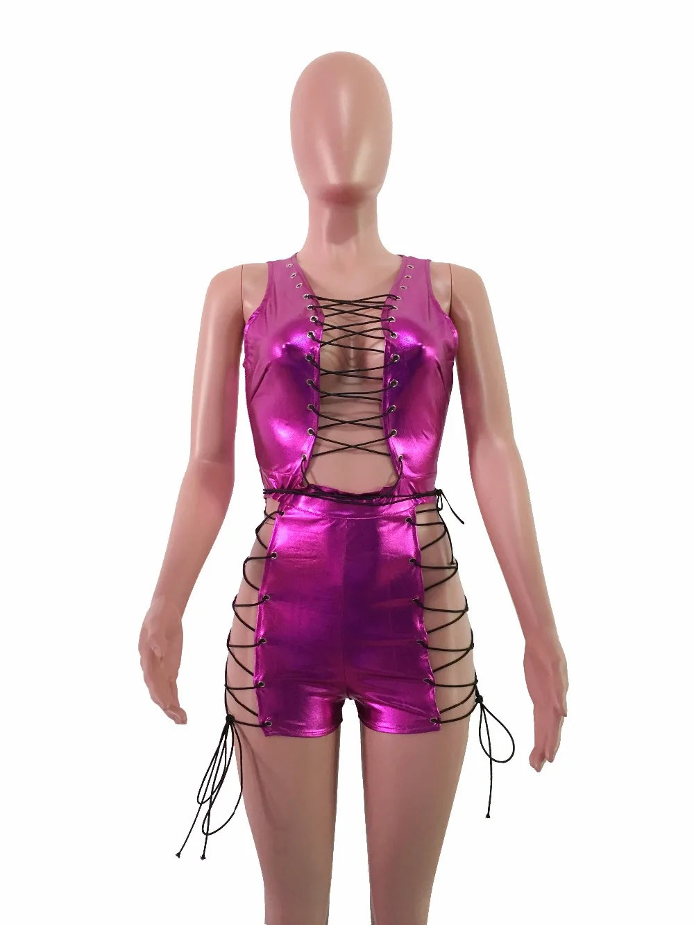Сексуальный короткий комбинезон без рукавов на шнуровке из искусственной кожи