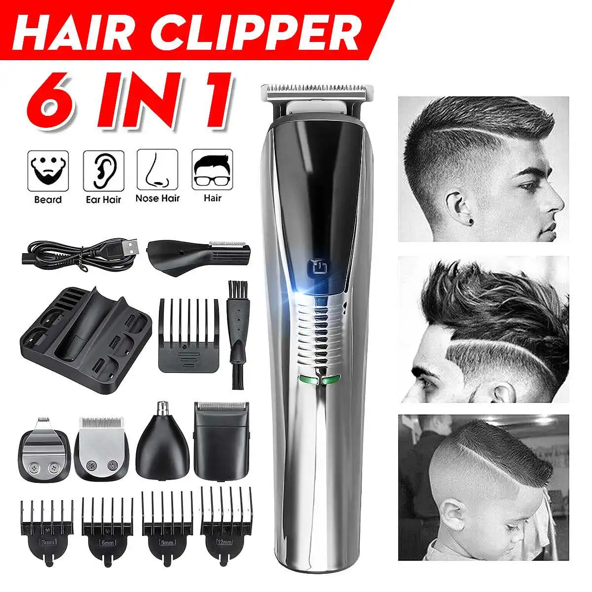 

Professional Electric Hair Trimmer 6 IN 1 Salon Hair Clippers Haircut Kit Cordless USB Barbershop Washable Rechargeable Trimmer