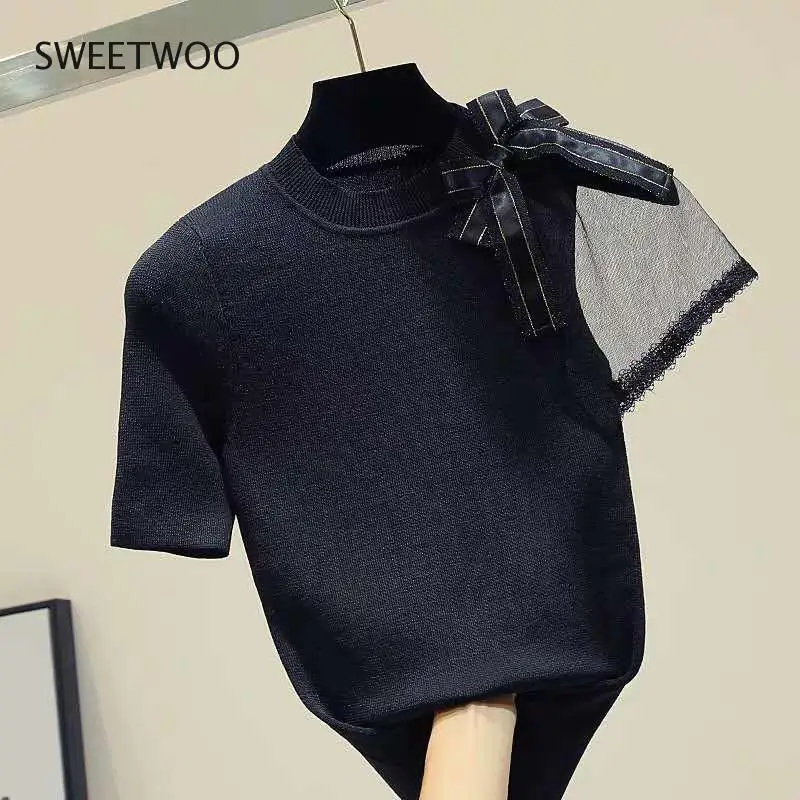 

Bow Tshirt Women Mesh Black Short Sleeve T Shirt Woman Clothes Knitted Slim 2021 Summer Tops Casual Tee Shirt