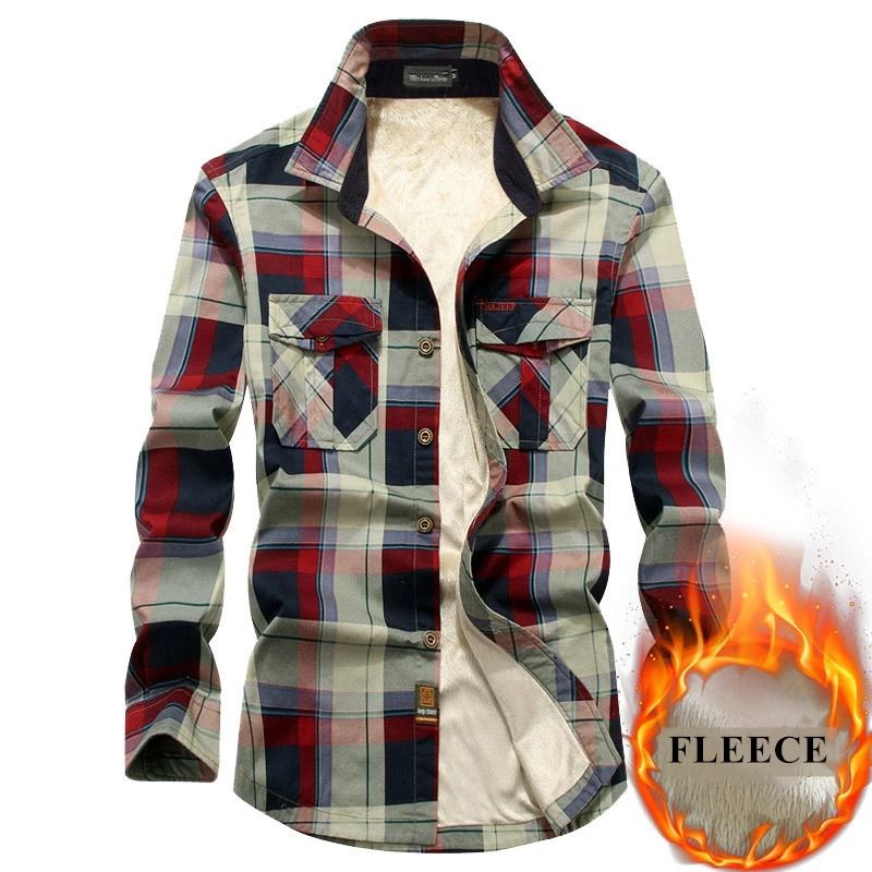 

Autumn Winter Mens Plus Velvet Thicken Warm Shirts 100% Cotton Plaid Chemise Shirt Hommes Military Casual Men's Clothing M-4XL