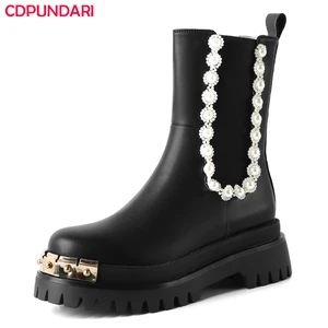 Black White Genuine Leather Platform Ankle Boots Women Autumn Winter High Heels String Bead Punk Boots Shoes Bottes Plateforme