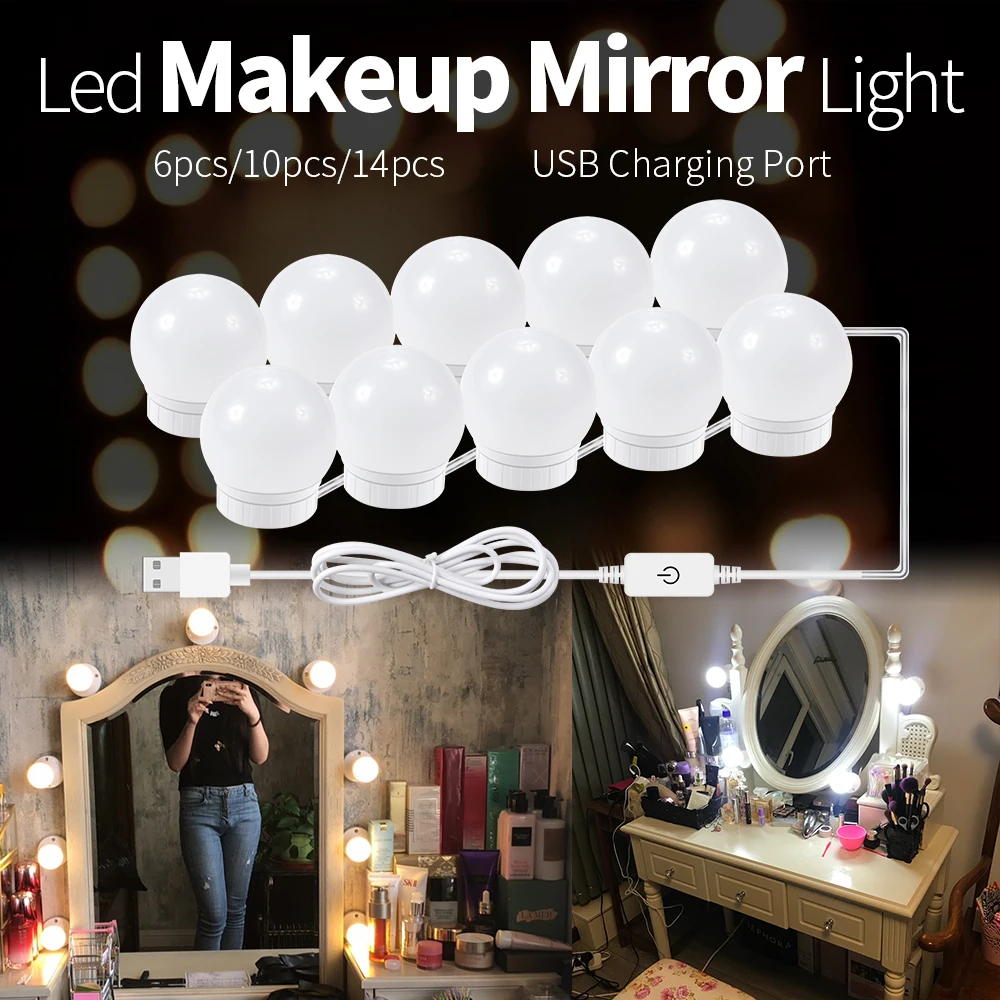 

LED Mirror Makeup Light Bulb USB Hollywood LED Vanity Mirror Lighting LED Dressing Table Lamp Stepless Dimmable Wall Light 12V