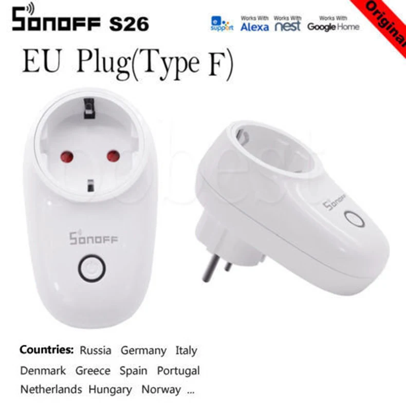 Sonoff S26 WiFi Smart Plug EU, US, UK, CN, AU, автоматизация, домашний пульт дистанционного управления, приложение, переключатель управления, работает с eWelink Alexa Google Home - Комплект: EU Standard F