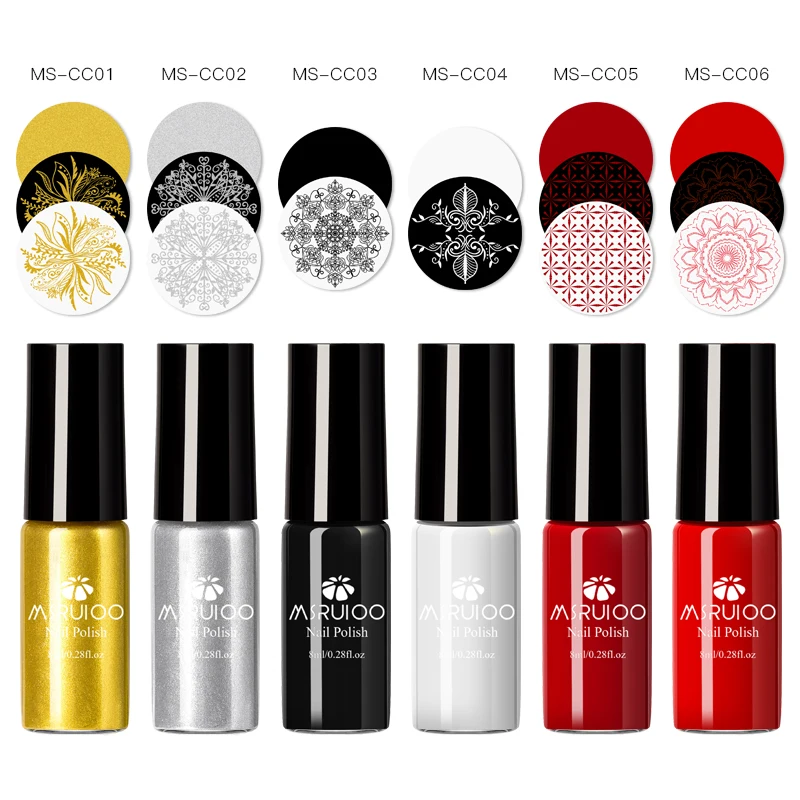 MSRUIOO 8 мл Черный Белый стемпинг ногтей покрытие лак Золотой Серебряный ноготь