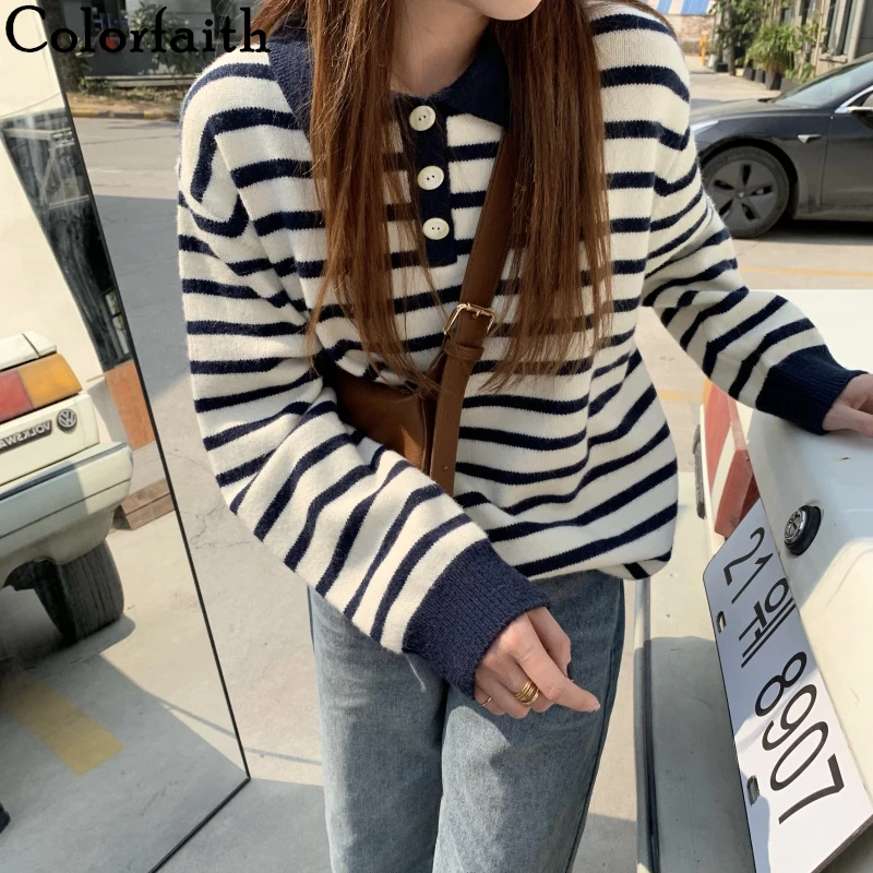

Colorfaith Новинка 2021 осень зима женские свитера пуловеры Полосатый Вязаный модный винтажный элегантный джемпер женские топы SW3232JX