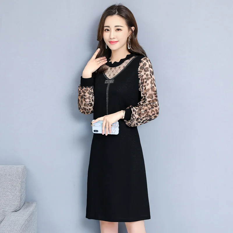 Новое модное весенне осеннее леопардовое платье с длинными рукавами женское