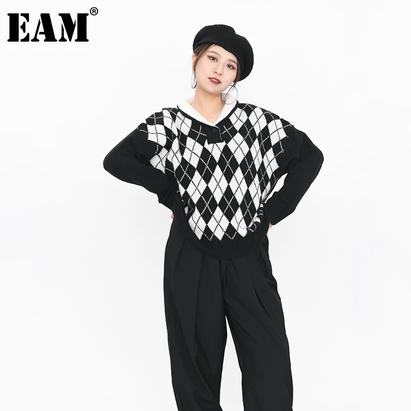 

[EAM] Argyle большой размер зеленый вязаный свитер свободный v-образный вырез с длинным рукавом женские пуловеры новая мода осень зима 2022 1DE373101