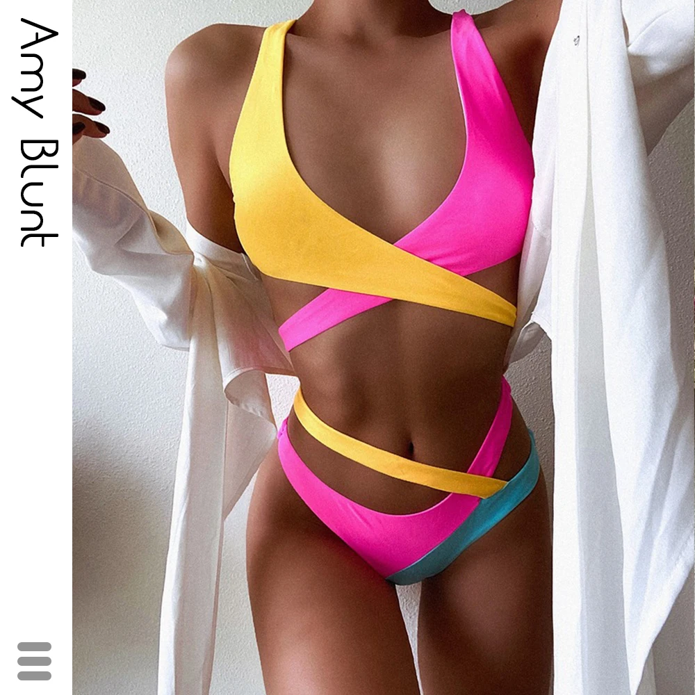 

Sexy Contrast Color Bikini 2020 New High Waist Swimsuit Women Cross Push Up Swimwear Female Hollow Out Bikini Set Bathing Suits