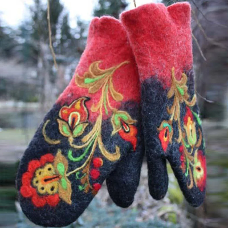 Women Gloves Ladies Harajuku Retro Gloves Winter Mittens Gloves Embroidery Outdoor Gloves Mittens Women's Winter Warm Gloves