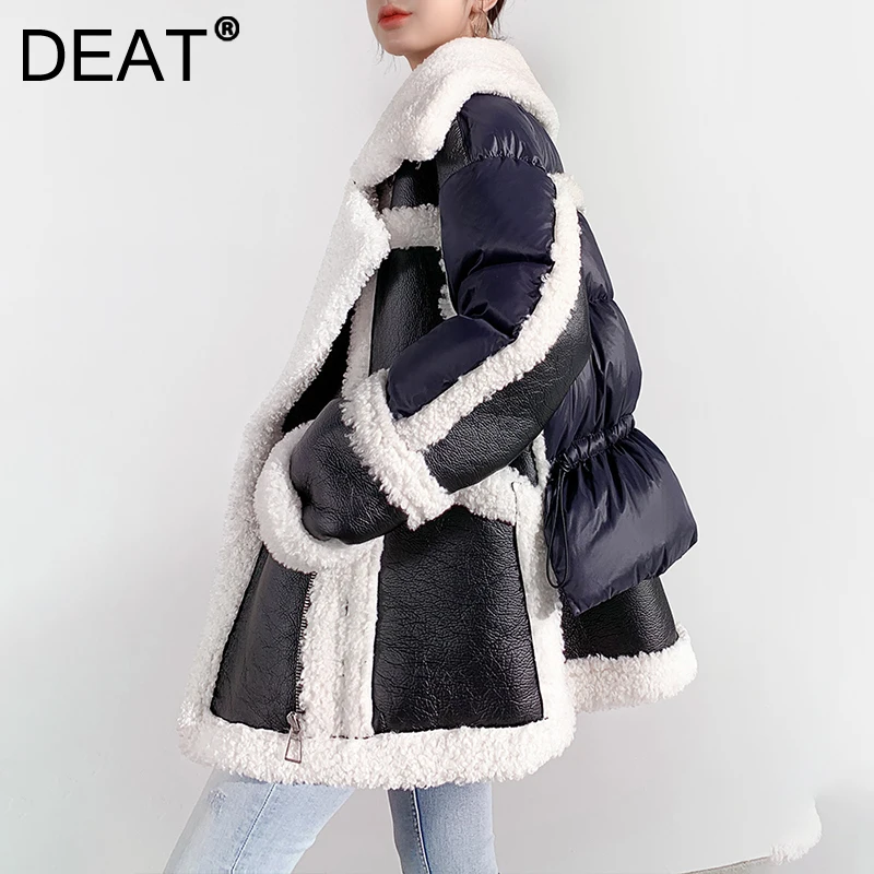 

Женская зимняя куртка из овечьей шерсти DEAT, слитное утепленное пальто средней и длины с отложным воротником, 7Z209, 2021