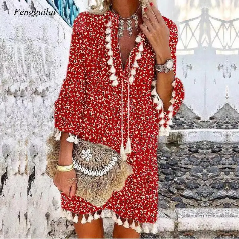 

Summer Women's Retro Ladies Floral Print A-Line Evening Dress Spring and Autumn V-Neck Lace Fringed Mini Dress Elegant Long-Slee
