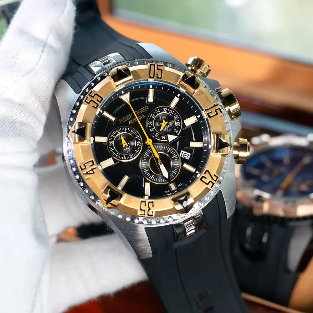 Риф Тигр/РТ Супер Светящиеся стальные часы желтого золота мужские спортивные