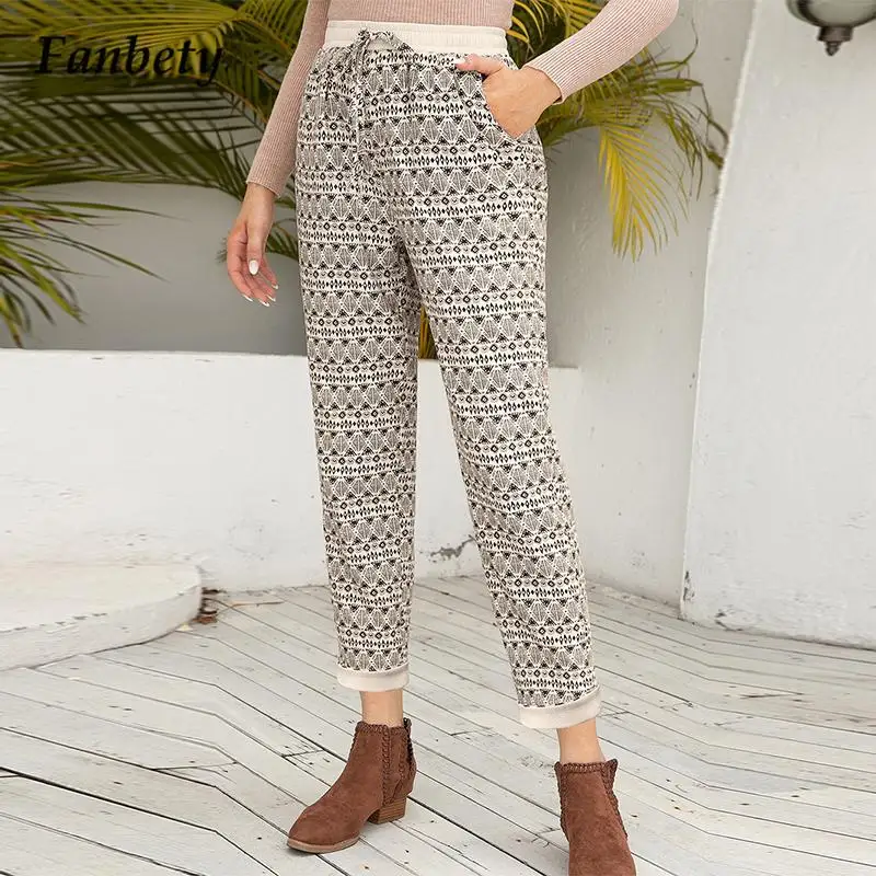 

Брюки женские прямые с винтажным принтом, повседневные свободные штаны на шнуровке, Элегантная Модная укороченная уличная одежда, осень-зи...