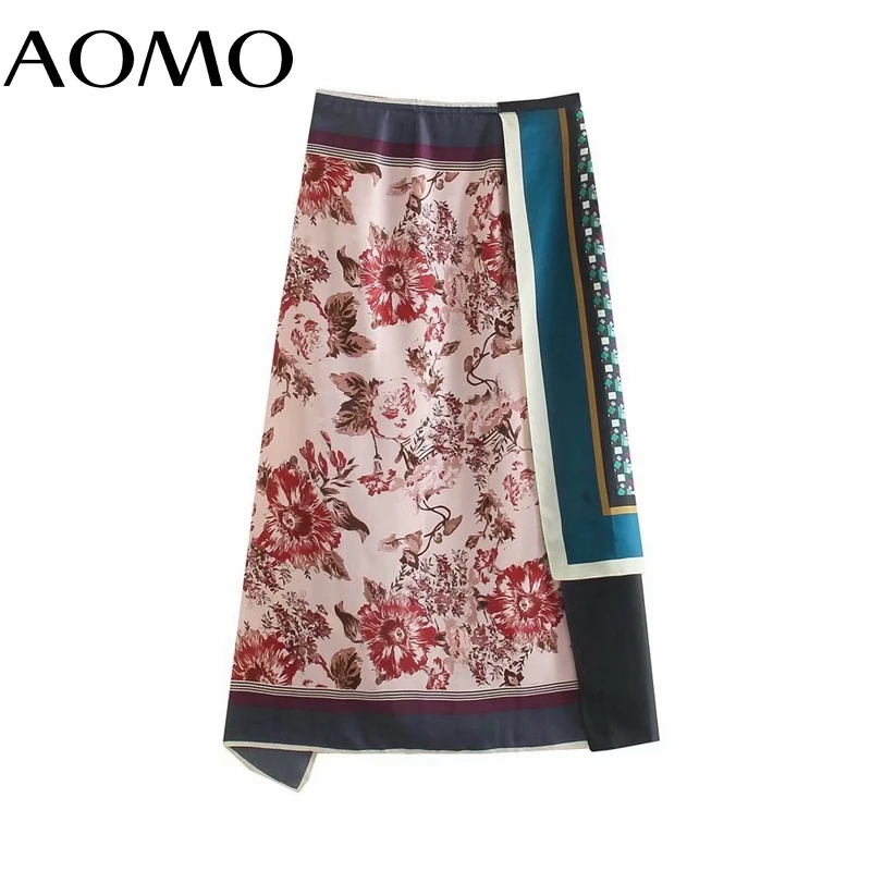 

AOMO Women Floral Print Pathwork Midi Skirt Bow Ladies Elegant Chic Mid Calf Skirts 3H809A