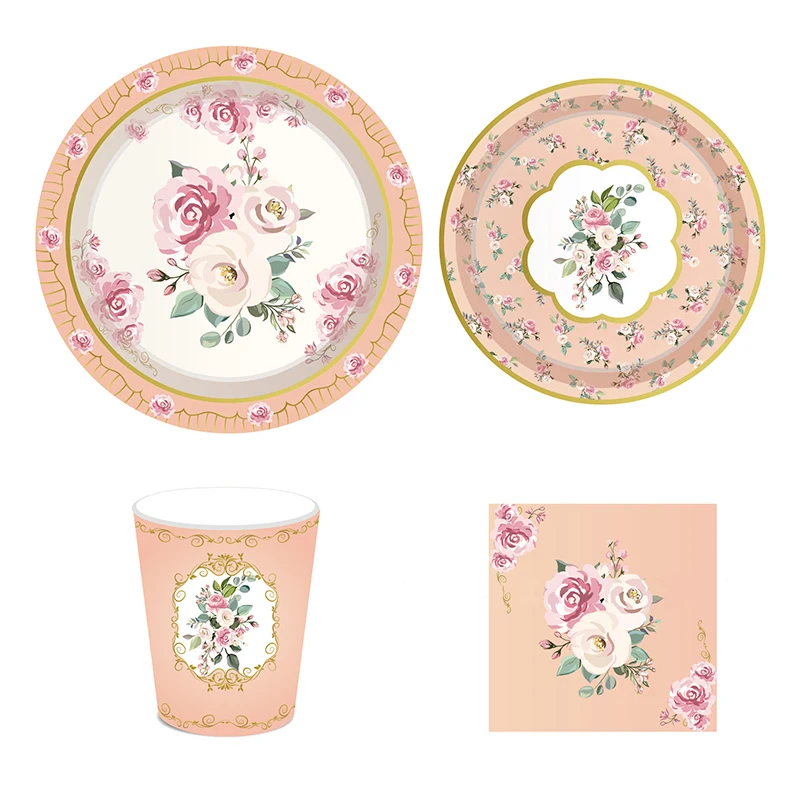 44 шт./компл. тема команды невесты посуда розы цветы бумажные тарелки и стаканы