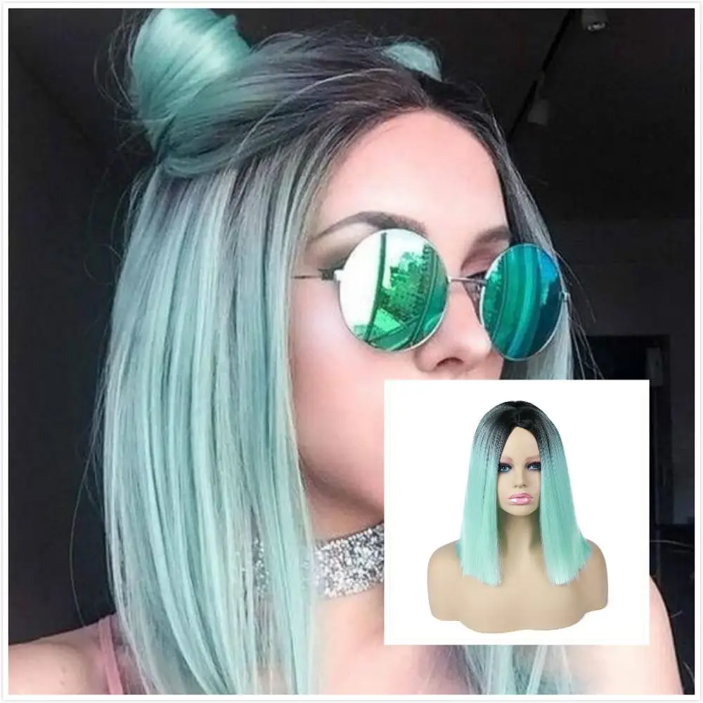 FAVE парик парики женские короткие прямые Ombre Боб черный пепельный Лен коричневый розовый синтетические парики для черных женщин 12 дюймов средняя часть Glueless Косплей парики - Цвет: 1b Mint Green