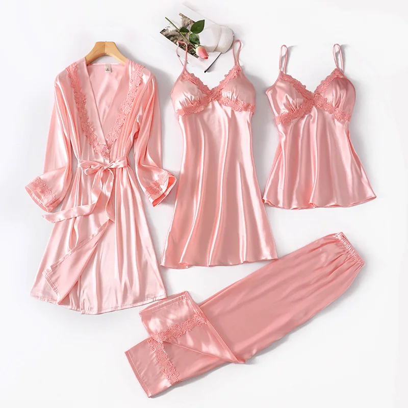 

Комплект пижамный Женский, из 4 предметов, Шелковый, с нагрудными подкладками