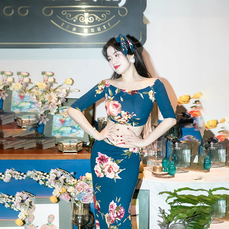 

2021 Belly Dance Dance Clothes Spring and Summer New Printed Navy Blue Performance Clothes Practice Clothes Perform belly dance