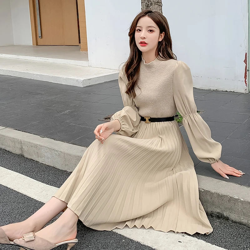 

Stylish Women'S Clothing 2020 Winter Korean Fashion French Vintage Chic Splicing Pleated Warm One Piece Knitted Sweater Dress