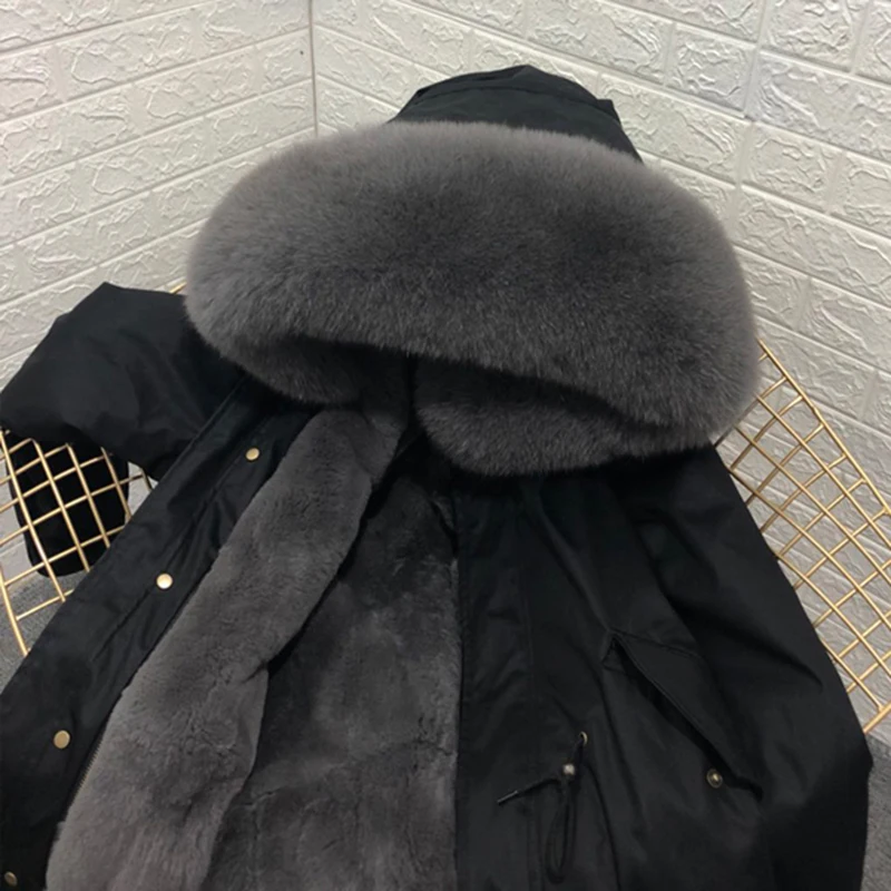 black coat Зимняя мужская мода, воротник из лисьего меха, подкладка из меха кролика, средняя длина, парная дизайнерская парка, одежда с капюшоном - Цвет: black coat
