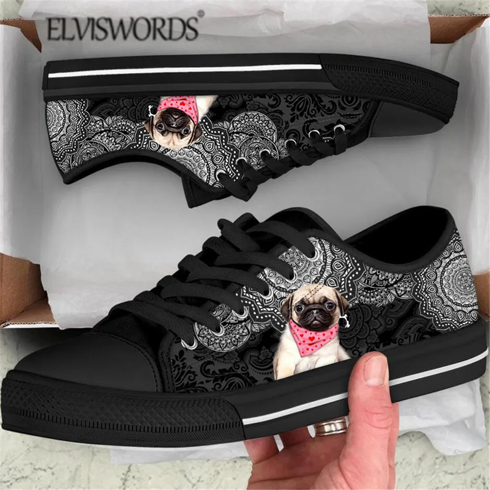 

ELVISWORDS/Дизайнерская Женская обувь в богемном стиле; Полинезийская Мандала; Мопс; Принт; Женские кроссовки с вулканизированной подошвой; Легк...