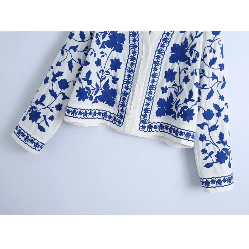 

VUWWYV Za Vintage Contrast Embroidery Woman Shirts Spring Summer 2021 Fashion Streetwear Buttons Shirt Women Long Sleeve Jackets