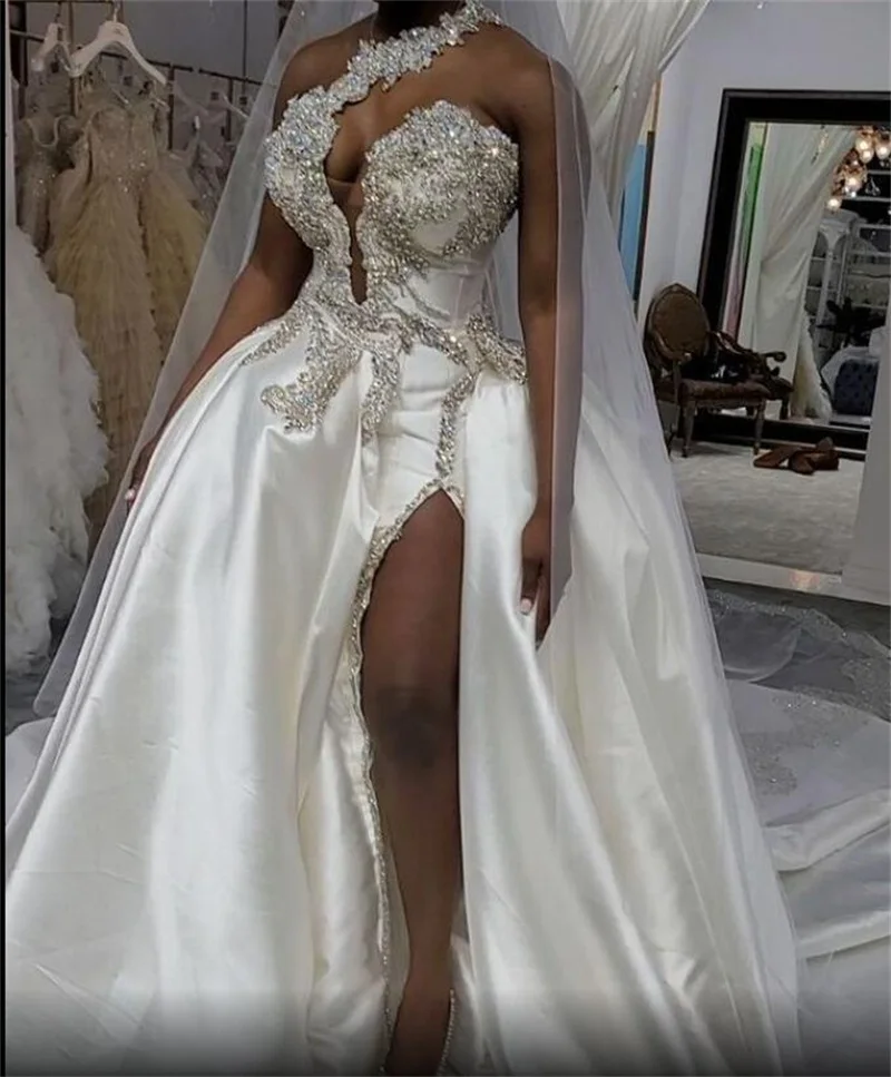 

Crystals High Split Wedding Dresses One Shoulder Bridal Gowns Sexy Satin wedding gowns Sweep Train Custom Made Robe de mariée