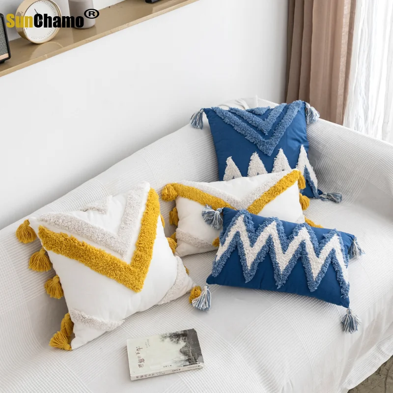 

Handmade Moroccan Style Cushion Cover Abstract Zigzag Navy Blue Yellow Pillow Cover with Tassels 45x45cm/30x50cm HomeDecoration