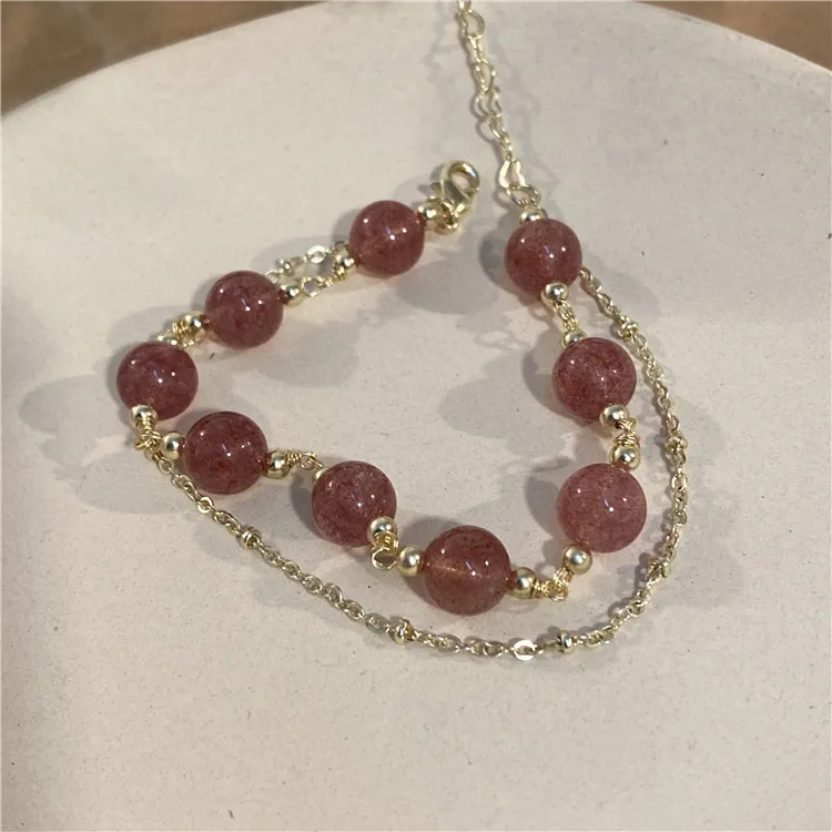 

Natural Strawberry Crystal Bracelet Female Pink Crystal Recruit Peach Blossom Transfer Ladies Niche Design Birthday Gift