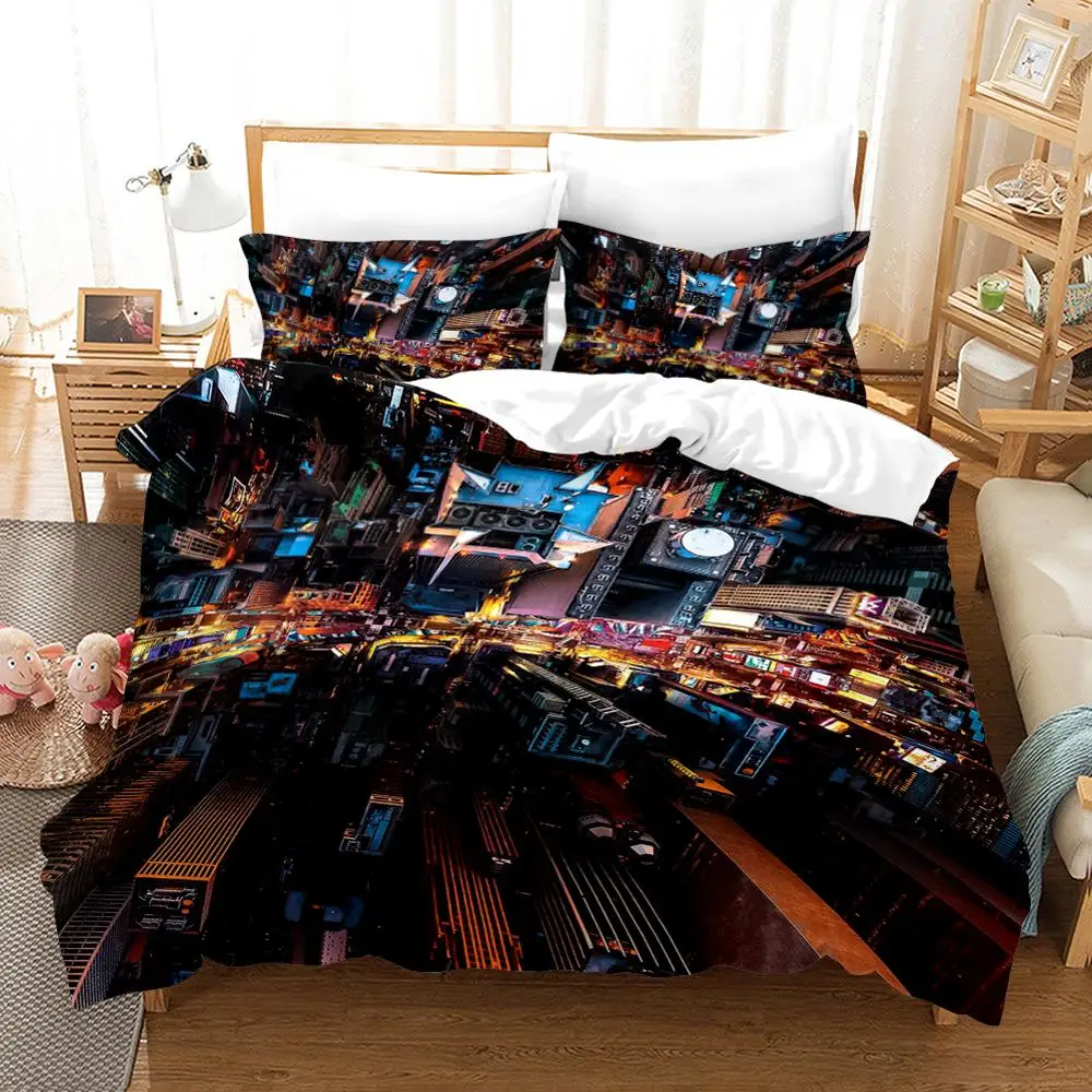 

City Night Print Duvet Cover 3D Streets Lights Bedspreads Soft Microfiber Comforter Cover with 2 Pillow Case