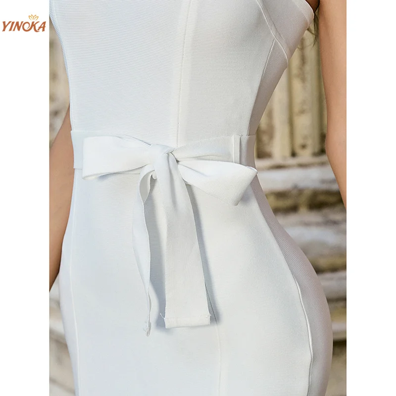 

Yinoka white bandage bodycon women dress sashes elegant strapless mid-calf length celebrity dinner evening night wear