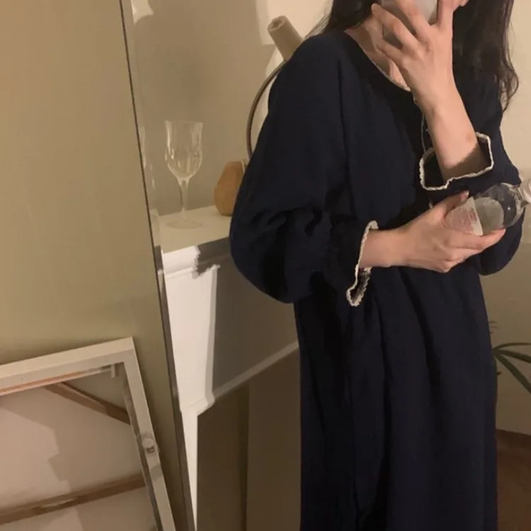 Women's Autumn and Winter New Korean Version of Sweet Girl Lace Loose One-piece Nightdress Home Clothes Sleep Tops Homing Dress