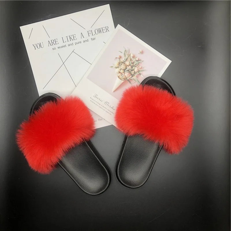 

Fashioe Laides Pulsh Faux Fur Slippers Indoor Fluffy Fur Flip Flops Home Furry Fur Slides Women Flat Solid color Fur Slippers
