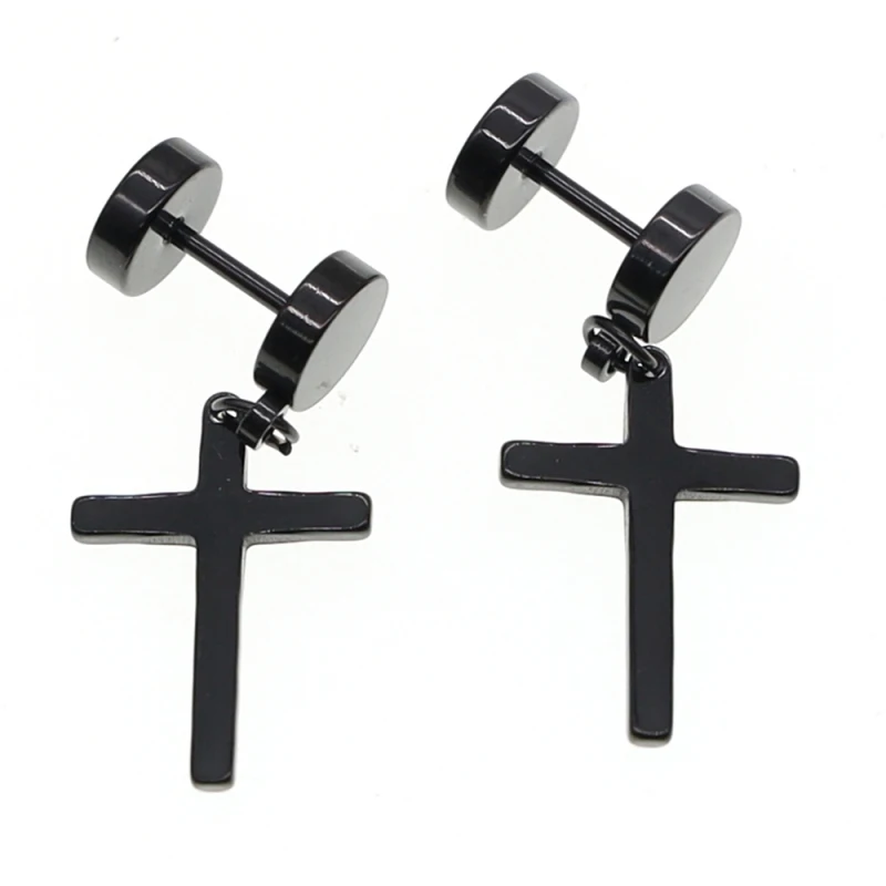 

Punk Barbell Cross Pendant Ear Stud Dangle Jewelry Earrings Stainless Steel Body Piercing Cross Drop Earrings For Women Men