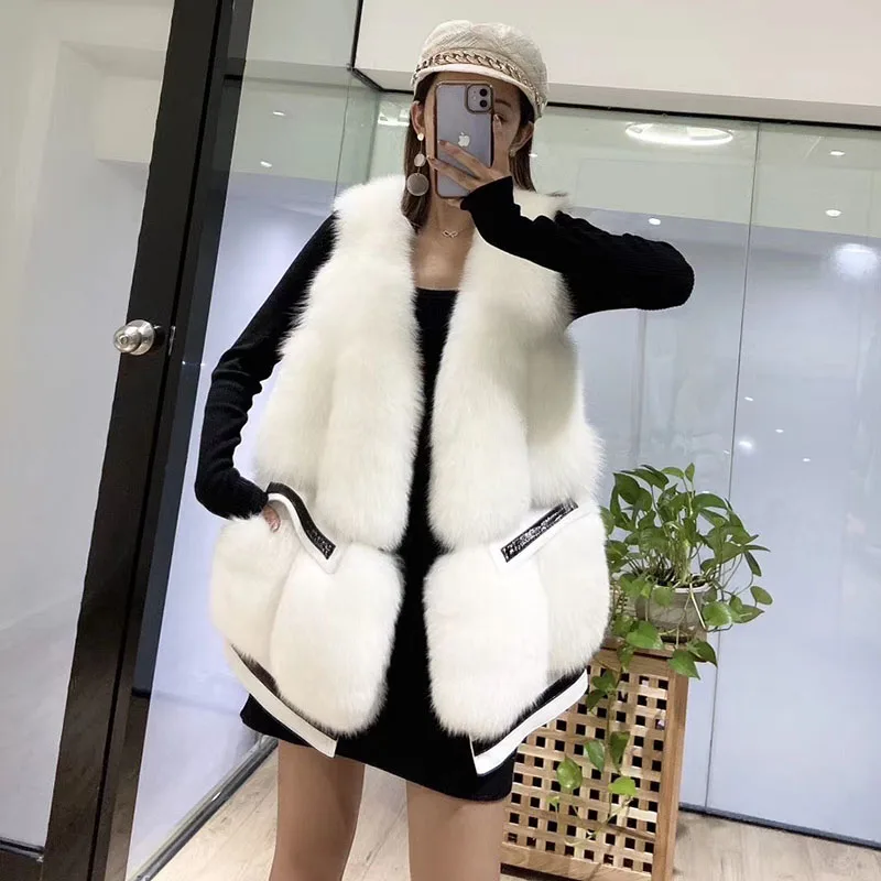 

Real Fox Fur Vest Women Autumn Warm Thick Sleeveless Genuine Fur Gilet Long V-neck Real Fur Waistcoat Female