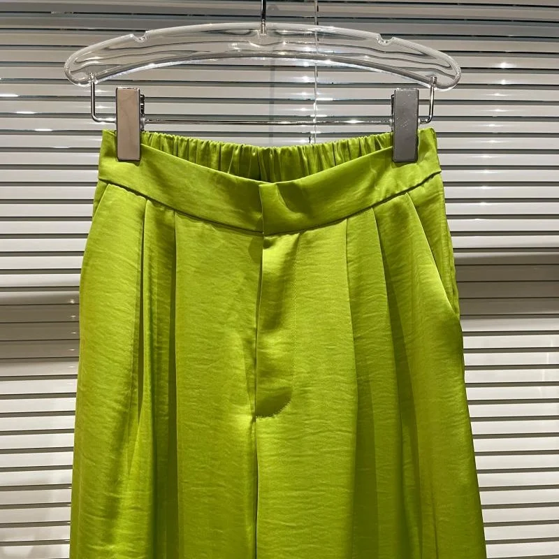 

SeeBeautiful Elastic Waist Fluorescent Green Wide Leg Pants Loose Trousers Simple Women Summer Autumn 2021 New Fashion G188