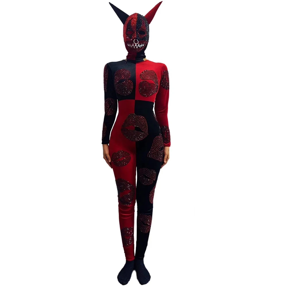 

Personality Inlaid Diamonds Tight Stretch Women Jumpsuit Satan Role-Paying Asymmetrical Bodysuit Halloween Performance Costume
