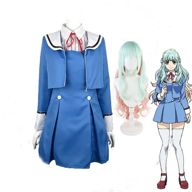 

Japan Anime High Rise Invasion Kuon Shinzaki Cosplay Costume Tenkuu Shinpan School Girl Uniform Blue Dress Long Wig for Women