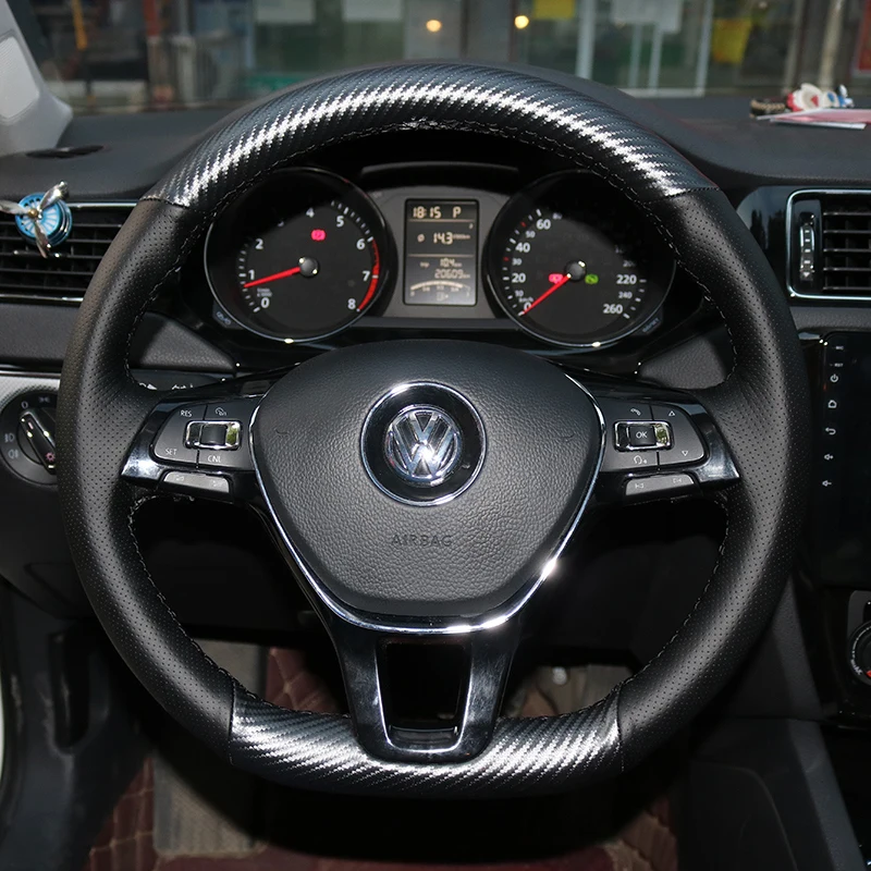 

For Volkswagen Golf 7 Mk7 New Polo Passat B8 Hand-stitched Black Carbon fiber leather Genuine Leather Steering Wheel Cover