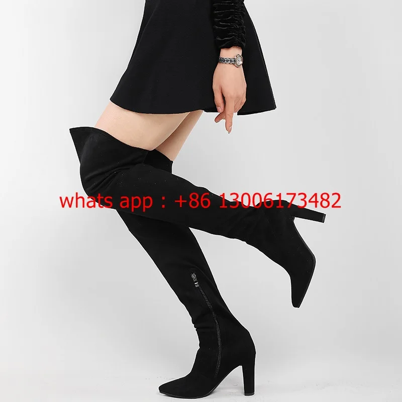 

real video New woman pointed toe chunky heel over the knee boots thick heel over knee knight boots women large size