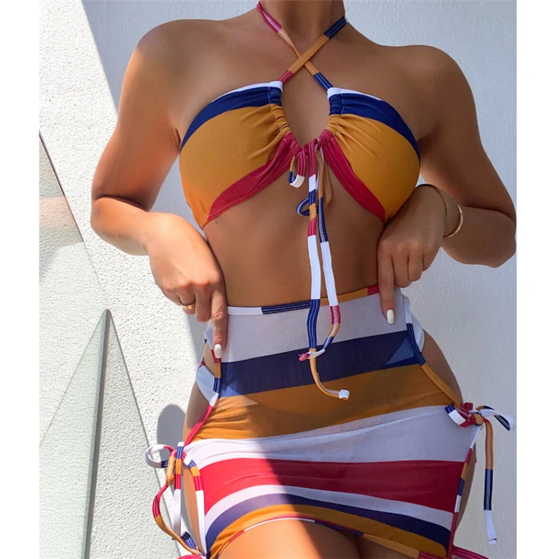 

Sexy Cover Up Beachwear Swimwear Women 3 Pieces Bandeau Bikini Set 2021 Summer Patchwork Drawstring Swimsuit Female Biquini New