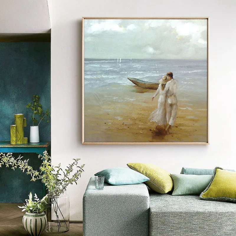 

100% Hand Painted Oil Painting On Canvas Lovers Walking On the Beach Painting Handmade Wall Art Without Frame For Home Decor