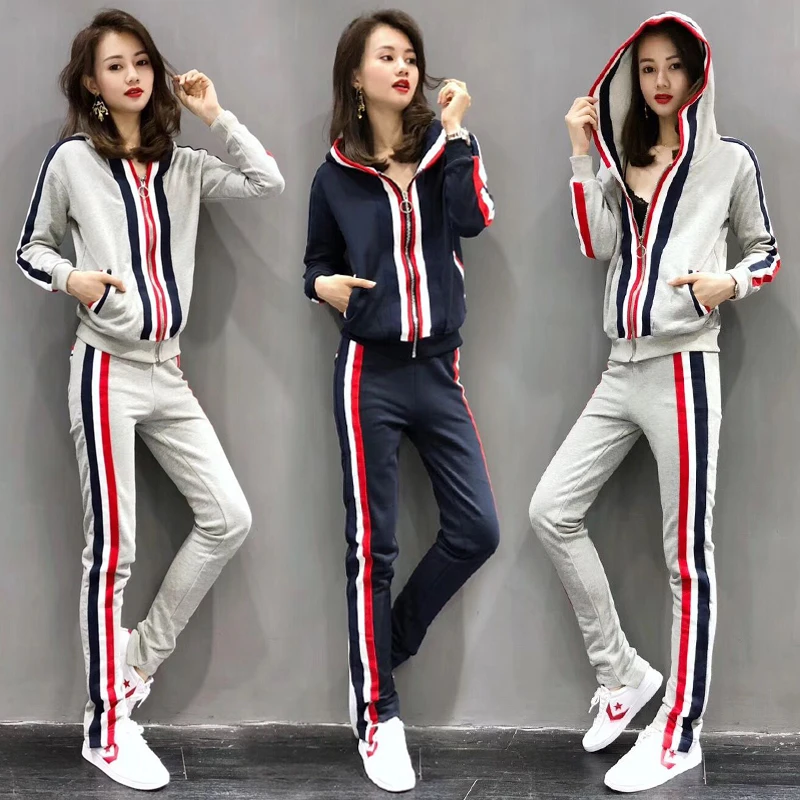 

Sports Elastic Waist Cotton Suit 2020 New Fashion Western Style Striped Hooded Sweater And Casual Pants 2-piece Set Large Size