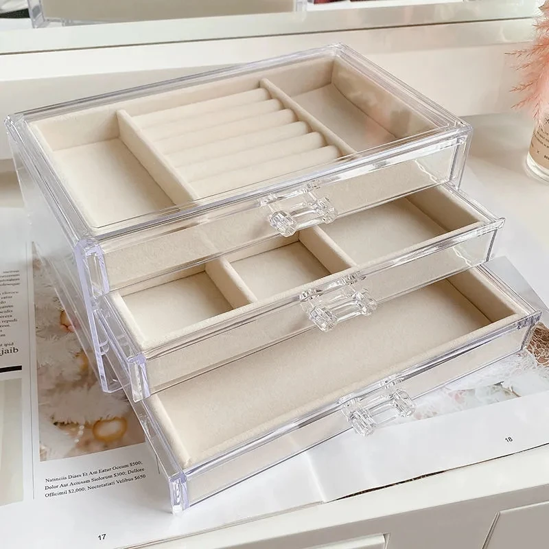 

Three-Layer Beige Acrylic Organizers Velvet Jewellery Storage Box Earring Ring Necklace Large Space Jewellery Case Holder Women