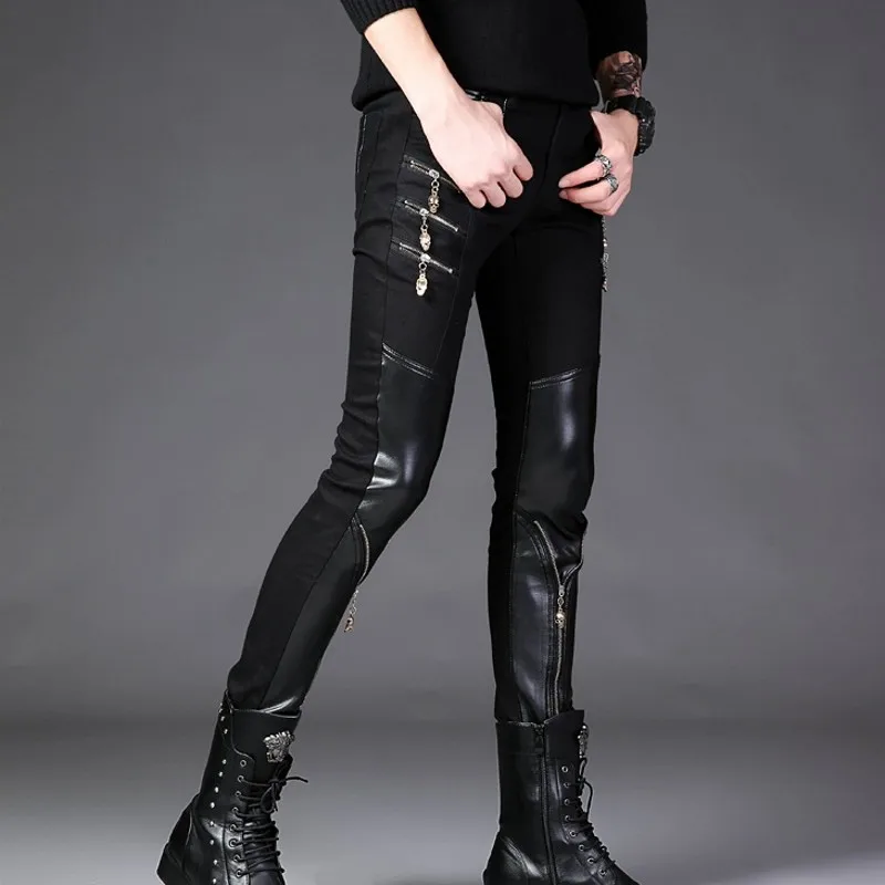 Брюки Карандаш мужские из искусственной кожи весна корейский стиль черные