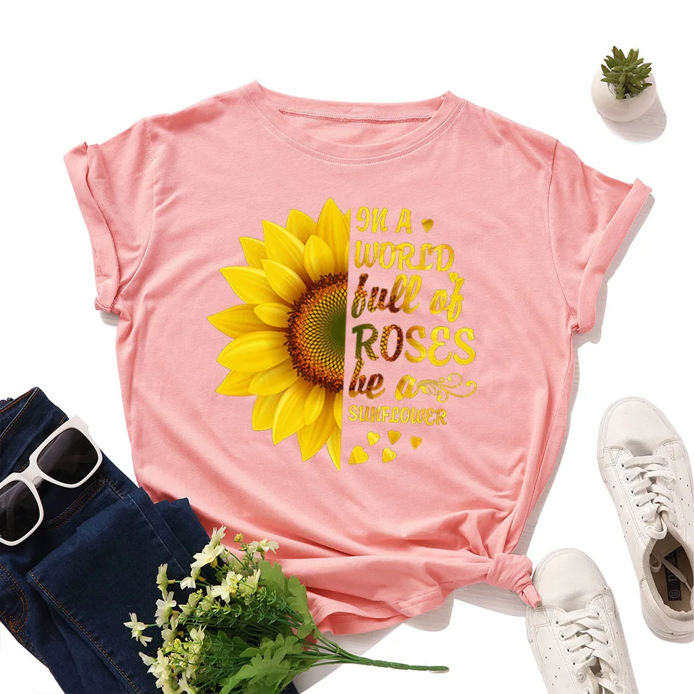 

Women Short Sleeve 100% Cotton T-shirts Graphic Tees Tops Streetwear Oversized Clothes Sunflower Print Funny Flower Shirt