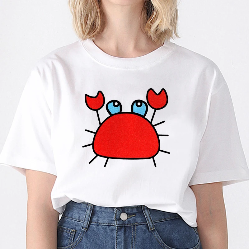 

Women Cute Crab Cartoon Prined T-shirt Summer Short Sleeve O-neck Women Tops Tshirt Casual Tees Lady Aesthetic